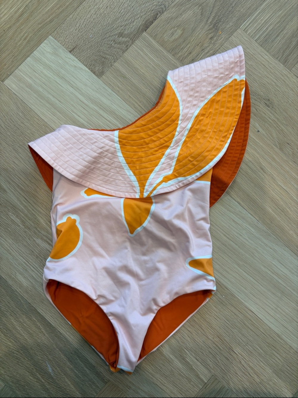 Girls' Pink & Orange One-Piece Swimsuit with Ruffle Shoulder